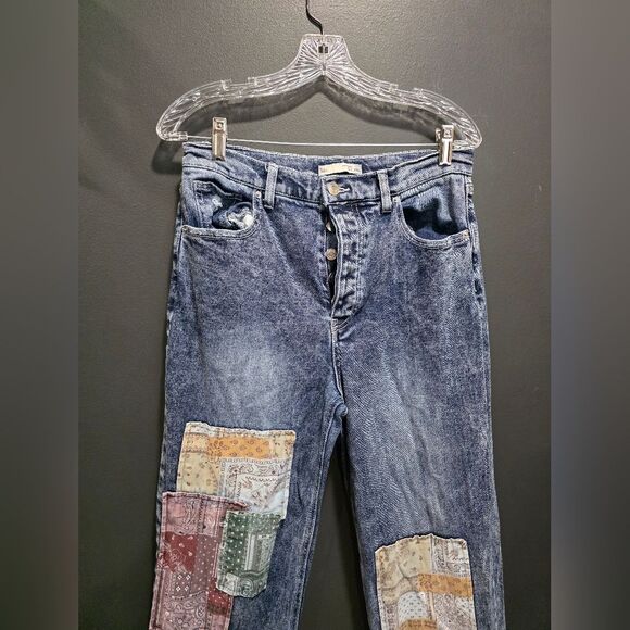 SO Super High Rise DAD Jeans Patchwork Raw Hem Acid Wash Sz 9/29W Junior Button - Picture 5 of 15